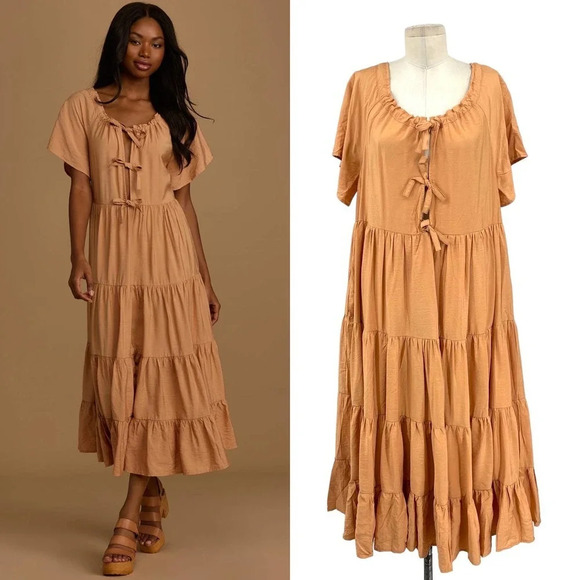 Lulus Present Moment Light Orange Bow Front Tiered‎ Maxi Dress Size Large - Picture 1 of 10